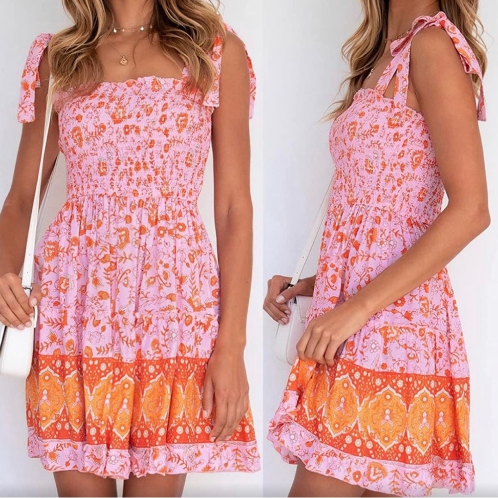 Zesica Boho Floral Tie Strap Dress